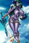  breasts clothed clothing cosplay crossover draenei erect_nipples female franarok glowing glowing_eyes green_eyes green_hair hair hi_res horn nipples pointy_ears purple_skin pussy shield skimpy solo sophitia_alexandra soul_calibur sword video_games warcraft weapon world_of_warcraft 