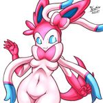  5_fingers :3 anthro anthrofied blue_eyes bow breasts canine cute eeveelution female fur looking_at_viewer mammal mnxenx001 navel nintendo nude pink_fur plain_background pok&#233;mon pok&eacute;mon raised_arm solo standing sylveon video_games white_background white_fur wide_hips 