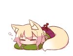  1girl animal_ear_fluff animal_ears bangs blonde_hair blush eyebrows_visible_through_hair eyes_closed facing_viewer fox_ears fox_girl fox_tail full_body green_shirt hair_between_eyes hair_bun hair_ornament kemomimi-chan_(naga_u) long_hair long_sleeves lying naga_u on_stomach original pleated_skirt purple_skirt shadow shirt sidelocks skirt sleepy sleeves_past_fingers sleeves_past_wrists solo tail white_background 