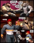  3d anthro bear beard black_hair bovine bow_tie braford clothing comic dialog duo english_text facial_hair feline gloves gus_(braford) hair horn justin_(braford) lion male mammal mohawk muscles sarge_(braford) sideburns sitting text 