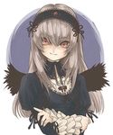  angel_wings artist_request black_wings frilled_cuffs juliet_sleeves long_hair long_sleeves pink_eyes puffy_sleeves rozen_maiden smile suigintou white_hair wings 