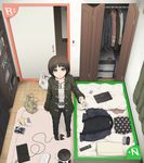  bag bed belt book bookshelf brown_eyes brown_hair cellphone closet coat commentary computer controller denim door game_console game_controller glasses glasses_case handbag highres jeans laptop original pants phone pillow plastic_bag remote_control short_hair smartphone socks solo tissue_box trash_can yajirushi_(chanoma) 