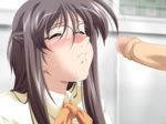  1girl amorous_professor_cherry binetsu_kyoushi_cherry blinking blush brown_hair fellatio glasses hise_chirei long_hair oral penis sweat uncensored yamane_masahiro zyx 