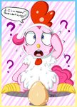  avian beak bird blue_eyes chicken clothing costume egg english_text equine female feral friendship_is_magic fur hair horse jazykuun long_hair mammal my_little_pony open_mouth pegasus pink_fur pink_hair pinkie_pie_(mlp) pony sitting solo spread_legs spreading sweat text tongue wings 