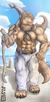  anchor anthro bandanna beach belt biceps big_muscle big_muscles black_nipples black_pawpads blue_eyes brown_fur brown_hair brown_nose canine chest_tuft cinna-tree claws clothing dock front fur grin hair jeans male mammal muscles nipples pants pawpads paws pecs pose sand sea seaside sky smile solo standing tan_fur toe_claws toned topless tuft water wolf 