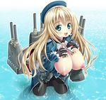  :d aqua_eyes atago_(kantai_collection) black_gloves black_legwear blonde_hair blush breast_suppress breasts breasts_outside cannon gloves hat kantai_collection large_breasts long_hair looking_at_viewer military military_jacket military_uniform nipples noritama_(gozen) ocean open_mouth pantyhose skirt smile solo turret uniform wading water 