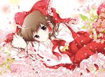  arm_ribbon bow brown_hair cherry_blossoms detached_sleeves dress hair_bow hair_tubes hakurei_reimu long_sleeves looking_at_viewer lying on_side petals red_dress red_eyes ribbon ribbon-trimmed_ornament ribbon-trimmed_sleeves ribbon_trim smile solo touhou white-brown wide_sleeves 