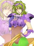  armor breasts brown_leotard fingerless_gloves gloves green_eyes green_hair green_legwear highres leotard lipstick long_hair makeup mask mask_removed medium_breasts miura_hajime nail_polish ophiuchus_shaina pantyhose saint_seiya sash shoulder_pads smile solo 