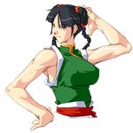  arikawa black_hair braid breasts chinese_clothes covered_nipples double_bun green_eyes large_breasts scrunchie sleeveless strider_(video_game) ton_pooh toned twin_braids upper_body 