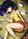  bag black_hair cellphone fan food food_print fruit kayari_buta lying mocchi mosquito_coil on_side original panties paper_fan phone popsicle print_panties purple_eyes short_hair skirt solo strawberry_panties strawberry_print tank_top uchiwa underwear upskirt watermelon 