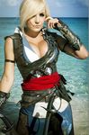  1girl armor assassin&#039;s_creed assassin&#039;s_creed_iv:_black_flag assassin's_creed assassin's_creed_(series) assassin's_creed_iv:_black_flag blonde_hair breasts cleavage cosplay edward_kenway edward_kenway_(cosplay) female gun huge_breasts jessica_nigri ocean photo short_hair solo sword weapon 