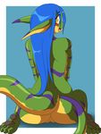 anthro anus blue_hair blush butt edit female gecko geecku green_body hair hi_res las_lindas lizard long_hair nude open_eyes open_mouth pawpads paws pussy reptile scalie smile solo spread_butt spreading stripes tongue unknown_artist yellow_body yellow_eyes 