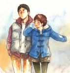  1girl black_hair brown_hair casual couple earrings fashion graphite_(medium) happy hetero izumi_noa jewelry kidou_keisatsu_patlabor legwear_under_shorts pantyhose shinohara_asuma short_hair shorts smile traditional_media ususionorisio watercolor_(medium) winter_clothes 