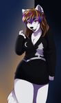  canine cleavage clothed clothing ear_piercing female fur hair jailbird lip_ring mammal mchobbit piercing red_eyes solo white_fur wolf 