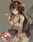  ahoge blush breasts brown_hair cleavage convenient_censoring detached_sleeves double_bun hairband japanese_clothes kantai_collection kongou_(kantai_collection) large_breasts long_hair miniskirt no_panties nontraditional_miko skirt solo torn_clothes walzrj 