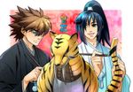  2boys art_brush bad_end black_eyes black_hair blue_eyes brown_hair fangs happy hpa_(foolish_factory) japanese_clothes multiple_boys paintbrush painting pet ponytail robot sabertooth_cat science_fiction serious smilodon spiked_hair strider_(video_game) strider_hien strider_hiryuu tetrapodal_mecha_panther tiger_stripes translation_request 