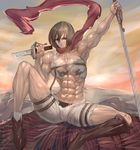  abs bad_id bad_pixiv_id black_eyes black_hair boots breast_squeeze breasts highres mikasa_ackerman muscle open_fly sainticon scarf shingeki_no_kyojin solo strap sword torn_clothes unzipped veins weapon 
