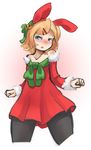  animal_ears arceonn bare_shoulders bell black_legwear blonde_hair blue_eyes blush bunny_ears christmas cowboy_shot cropped_legs detached_sleeves fake_animal_ears flat_chest hair_bell hair_ornament hairclip highres kagamine_rin pantyhose red_skirt short_hair skirt solo vocaloid wide_hips 