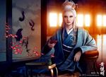  2011 bird blue_eyes character_name crane_(animal) flower folding_screen hair_up headdress japanese_clothes kakita_kae kimono legend_of_the_five_rings lipstick long_hair makeup mario_wibisono md5_mismatch nail_polish rope scroll shimenawa sitting solo table white_hair 