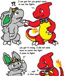  bow_tie brown_eyes charmeleon comic duo eyewear fire goggles green_eyes grey_body guil_bunny male necktie nidoran nidoran&#9794; nintendo plain_background pok&#233;mon pok&eacute;mon red_body scalie video_games white_background 