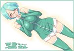  aqua_hair borrowed_character breast_squeeze breasts brown_eyes curvy dutch_angle elbow_gloves glasses gloves hair_ornament hairclip huge_breasts original sanemichi_hajime short_hair smile solo thighhighs wide_hips 