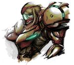  androgynous armor artist_request blonde_hair blue_eyes damaged helmet metroid power_armor samus_aran solo varia_suit 