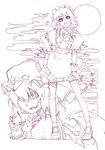  apron bat_wings chin_rest fangs garter_straps hair_over_one_eye hand_on_hip izayoi_sakuya knife lineart maid maid_headdress monochrome multiple_girls nada_haruka purple remilia_scarlet shaded_face thighhighs touhou traditional_media wings 
