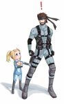  1boy 1girl bad_id bad_pixiv_id bandana beard blonde_hair blue_eyes bodysuit brown_hair child doseisan facial_hair gloves kaisendon_(ebi) metal_gear_(series) metal_gear_solid metroid mother_(game) ponytail samus_aran solid_snake super_smash_bros. younger zero_suit 