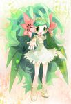  costume dress flower gen_4_pokemon green_eyes green_hair hair_flower hair_ornament long_hair non-web_source outstretched_hand personification pokemon shaymin solo very_long_hair 