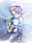  blue_hair cirno comforting crying hand_on_another's_head hat highres hug kokka_han letty_whiterock multiple_girls purple_eyes purple_hair short_hair snow spell_card tears touhou wings 