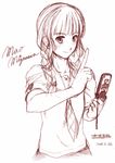  braid cellphone hair_over_shoulder hands index_finger_raised kibina_high_school_uniform kimi_kiss mizusawa_mao monochrome phone red school_uniform serafuku sketch solo twin_braids twintails yoshijima_ataru 