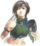  armor bare_shoulders brown_eyes brown_hair final_fantasy final_fantasy_vii fishnets headband lowres midriff non-web_source short_hair sleeveless sleeveless_turtleneck solo turtleneck yuffie_kisaragi 