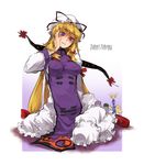  arm_support blonde_hair blush bow breasts character_name chen dress fox_tail frilled_dress frills gap hair_bow hand_on_own_cheek hat large_breasts long_hair looking_at_viewer multiple_girls multiple_tails oso_(toolate) purple_eyes shoes sitting solo_focus tail touhou wariza yakumo_ran yakumo_yukari 