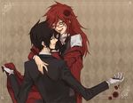  2boys black_hair flower formal glasses gloves gold_eyes grell_sutcliff kuroshitsuji long_hair male_focus multiple_boys nail_polish red_eyes red_hair redhead rose sebastian_michaelis tongue wink yaoi yellow_eyes 