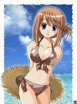  arms_behind_back bikini blue_eyes blush brown_hair cloud day folded_ponytail front-tie_top hair_ornament hair_up hairclip hana_(hana_mo_arashi_mo) hat komaki_manaka leaning short_hair side-tie_bikini sky smile solo straw_hat swimsuit thigh_gap to_heart_2 water 