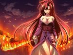  bare_shoulders breasts cleavage engage_links fire game_cg holding japanese_clothes katana kimono large_breasts long_hair no_bra non-web_source off_shoulder ponytail red_eyes red_hair smile solo sword weapon 