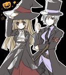  black_background blonde_hair blush halloween hat hat_tip hime_cut jack-o'-lantern long_hair multiple_girls one_eye_closed pumpkin short_hair silver_hair suzushiro_kurumi top_hat umineko_no_naku_koro_ni ushiromiya_kyrie ushiromiya_rosa witch_hat 