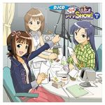  album_cover amami_haruka blue_eyes book bottle brown_eyes brown_hair candy clock coffee corded_phone cover cup desk dj food hagiwara_yukiho hair_ribbon headset idolmaster idolmaster_(classic) idolmaster_1 jacket jpeg_artifacts kisaragi_chihaya long_hair lowres microphone microphone_stand mug multiple_girls non-web_source notebook paper phone plaid pop_filter purple_hair radio_booth ribbon short_hair skirt smile studio studio_microphone tea translated yunomi 