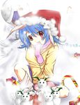  animal_ears awahime blue_hair blush bunny_(trickster) bunny_ears christmas fang hat loose_socks open_mouth red_eyes santa_hat scarf short_hair sitting skirt snow snowman socks solo trickster 