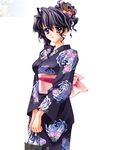  basket black_hair carnelian ena_(quilt) japanese_clothes kimono non-web_source purple_eyes quilt_(game) solo yukata 