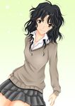  amagami black_eyes black_hair curly_hair face grey_skirt kibito_high_school_uniform kishida-shiki long_sleeves messy_hair miniskirt pleated_skirt school_uniform short_hair skirt smile solo sweater tanamachi_kaoru wavy_hair 