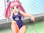  chain-link_fence fence game_cg green_eyes hair_bobbles hair_ornament long_hair murakami_kanade name_tag nekonyan non-web_source one-piece_swimsuit pink_hair pointing raspberry_(game) school_swimsuit solo swimsuit twintails 