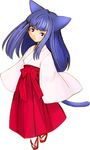  animal_ears blue_hair cat_ears cat_tail chanagi furude_rika higurashi_no_naku_koro_ni japanese_clothes long_sleeves miko purple_eyes solo tail 