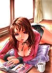  artist_request blouse breasts brown_hair choker cleavage copyright_request frilled_pillow frills large_breasts long_hair lying magazine miniskirt pillow purple_eyes room skirt solo 