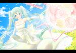  bad_id bad_pixiv_id blue_eyes bouquet bride cloud day dress elbow_gloves flower gloves green_hair hatsune_miku jewelry long_hair necklace pearl_necklace sky solo tamaichi twintails vocaloid wedding_dress 