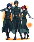  2boys brother_and_sister brothers freckles gloves gundam gundam_00 johann_trinity kamosuke michael_trinity military military_uniform multiple_boys nena_trinity one_eye_closed red_hair siblings two_side_up uniform v yellow_eyes 