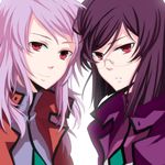  1girl anew_returner bad_id bad_pixiv_id celestial_being_uniform glasses gundam gundam_00 lavender_hair osamu_(jagabata) pink_eyes purple_hair red_eyes smile tieria_erde 