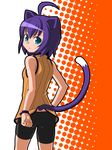  ahoge animal_ears ass bad_id bad_pixiv_id bare_shoulders bike_shorts blue_eyes blush cat_ears cat_tail embarrassed flat_chest from_behind frown halftone halftone_background kyouran_kazoku_nikki looking_back midarezaki_kyouka orochi_itto purple_hair shirt short_hair sleeveless sleeveless_shirt solo standing sweatdrop tail wristband 