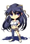  asymmetrical_clothes belt black_hair chibi hair_ribbon hand_on_hip ka2 kanzaki_kaori long_hair midriff navel purple_eyes ribbon shirt single_pantsleg solo t-shirt to_aru_majutsu_no_index 