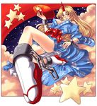  ankle_cuffs bare_shoulders blonde_hair blush breasts chain cleavage cloud cuffs cup feet foreshortening from_below horn hoshiguma_yuugi hoshiguma_yuugi_(promo) japanese_clothes kimono long_hair medium_breasts miyamoto_ryuuichi panties pantyshot red_eyes ribbon sakazuki sandals solo star star_print tabi touhou underwear 